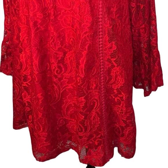 Liz Claiborne Womens1X Holiday Red Lace Overlay Bobble Neckline Sheer Bell Tunic - Picture 7 of 8